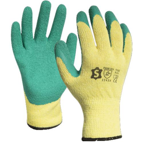 Sachet 12 paires de gants tricoté enduit en latex poignet bord-cote jaune/vert t10 - 7032e12 - 614946_0