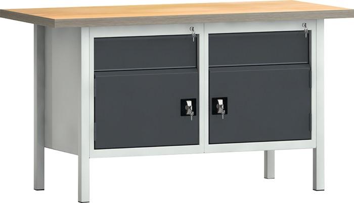 Établi PW 700 l.1500xP700xH840 mm hêtre Multiplex gris clair, RAL 7035 gris anthr., RAL 7016 2 tiroirs 2 portes KLW-LUTZ BETRIEBSEINRICHTUNGEN_0