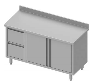 Meuble bas table de travail inox adossée avec deux tiroirs  à gauche portes battantes 1800x800x900 - 930328180_0