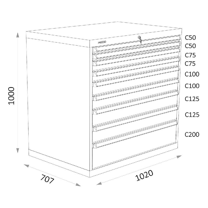 Armoires A Tiroirs Serie 119 - Largeur 1020 Mm Profondeur 707 Mm Hauteur 700 / 1000 / 1300 Mm Heco HE119225BL_0