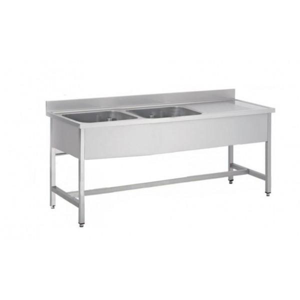 Plonge soudée sur pieds carrés sans étagère, inox AISI 304, 2 bacs à gauche, dimension bac : L 500 x P 400 x H 300 mm (Longueur, mm: 2000 - Réf SPL206_0