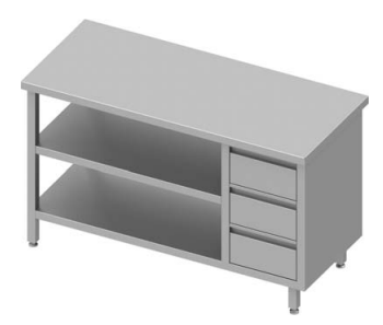 Table inox de travail centrale avec trois tiroirs  à droite et deux étagères 1200x700x900 soudée - 932887120_0