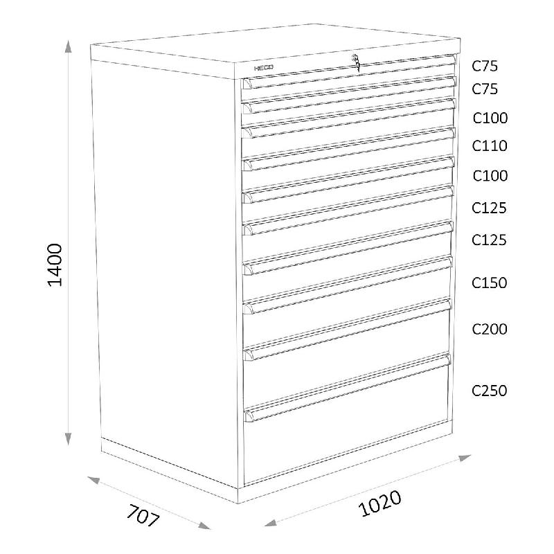Armoires A Tiroirs Serie 119 - Largeur 1020 Mm Profondeur 707 Mm Hauteur 700 / 1000 / 1300 Mm Heco HE119424BL_0