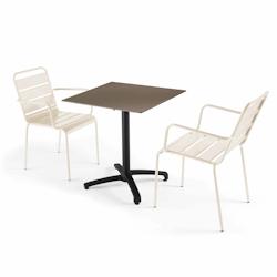 Oviala Business Ensemble table de jardin stratifié taupe et 2 fauteuils ivoire - Oviala - beige métal 110102_0
