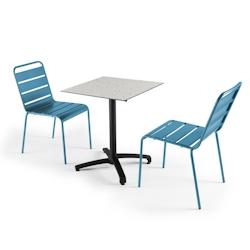 Oviala Business Ensemble table de terrasse stratifié terrazzo et 2 chaises bleu pacific - bleu métal 108190_0