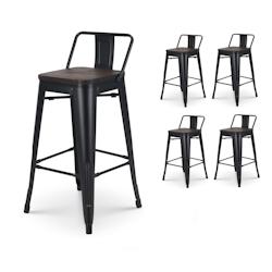 KOSMI - Lot de 4 tabourets de bar en métal noir mat style industriel avec dossier et assise en bois foncé - Hauteur 66cm - noir métal 3760301690429_0