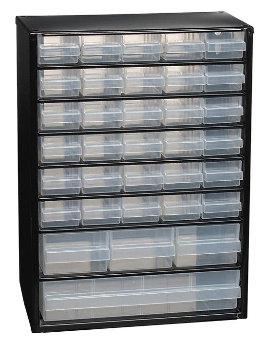 Casier de rangement pour petites pièces l306xP150xH420mm tôle d'acier 34 tiroirs en polypropylène noir/transparent RAACO_0