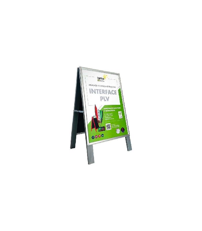 Chevalet stop trottoir - Bois gris avec porte affiche alu format A1 - Dimensions 106 x 62 cm - Référence : LSTFA1G_0