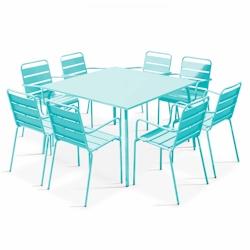 Oviala Business Ensemble table de terrasse carrée et 8 fauteuils en métal turquoise - Oviala - bleu acier 109284_0
