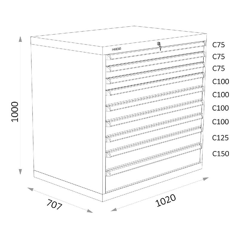 Armoires A Tiroirs Serie 119 - Largeur 1020 Mm Profondeur 707 Mm Hauteur 700 / 1000 / 1300 Mm Heco HE119226BL_0
