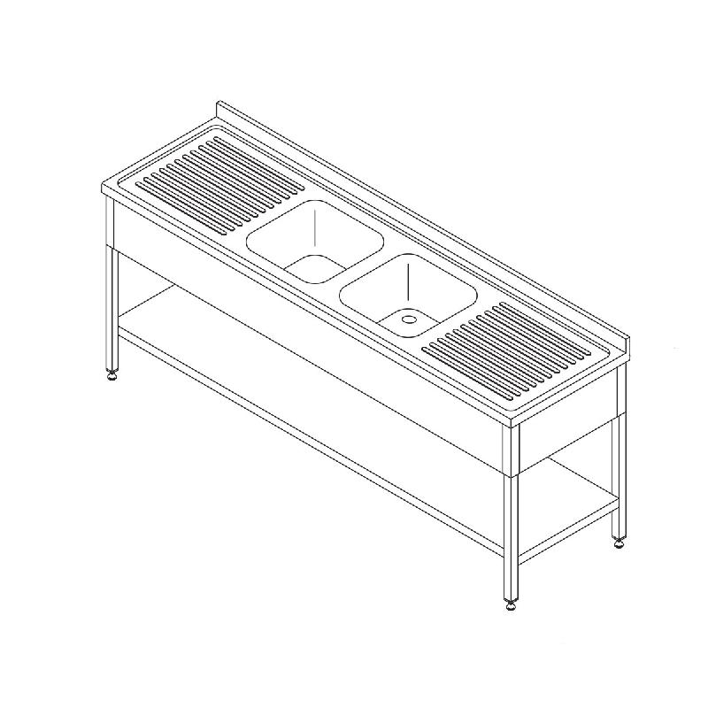 Table lave-vaisselle - 190 x 70 cm - avec 2 éviers et dosseret - incl étagère de rangement_0