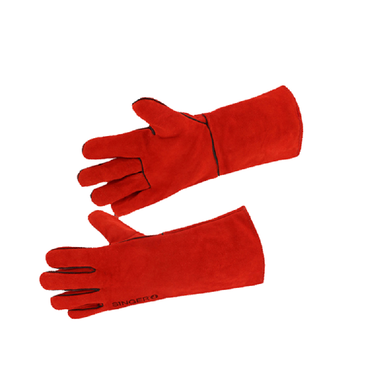 Paire de gants de soudeur anti-chaleur en croûte bovin doublé coton rouge_0