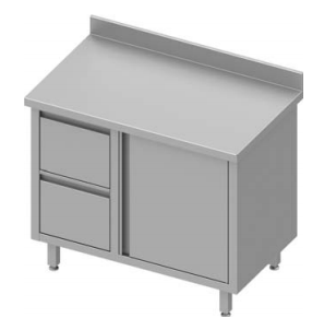 Meuble bas table de travail inox adossée avec deux tiroirs  à gauche portes battantes 1000x800x900 - 930308100_0
