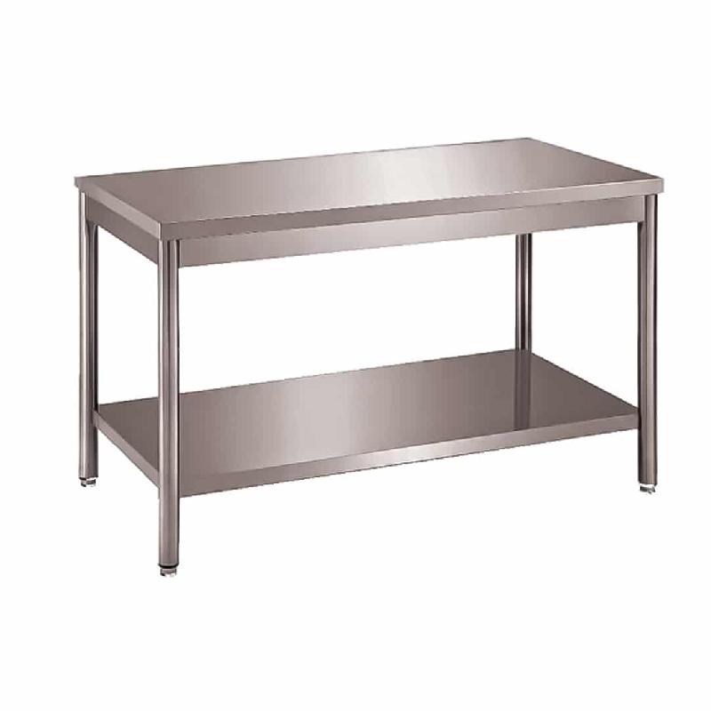 Table démontable bords droits pieds ronds inox AISI 304 centrale + étagère P 700 mm (Longueur, mm: 1400 - Réf DRTCE147-1)_0