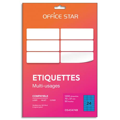 Office star boîte 1200 étiquettes adhésives multiusage format 70x37mm. Planche a4. Coloris bleu_0
