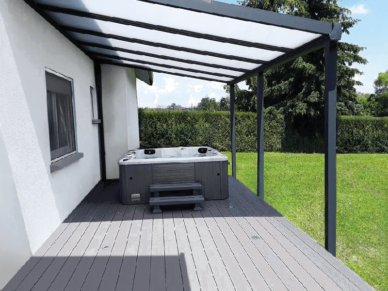 Pergola Toit Polycarbonate 32mm Aluminium CL Adossée Sur Mesure Référence: Pergola Pente Poly CL Adossée_0