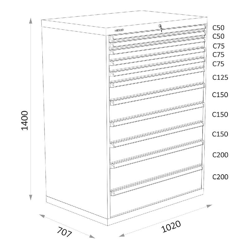 Armoires A Tiroirs Serie 119 - Largeur 1020 Mm Profondeur 707 Mm Hauteur 700 / 1000 / 1300 Mm Heco HE119425BL_0