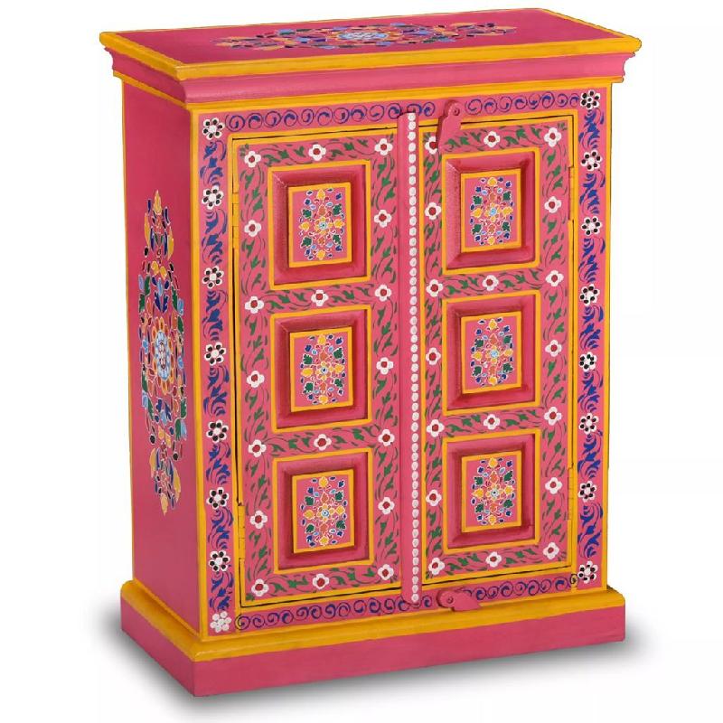 BUFFET BAHUT ARMOIRE CONSOLE MEUBLE DE RANGEMENT BOIS MASSIF DE MANGUIER PEINTURE ROSE À LA MAIN 4402024_0