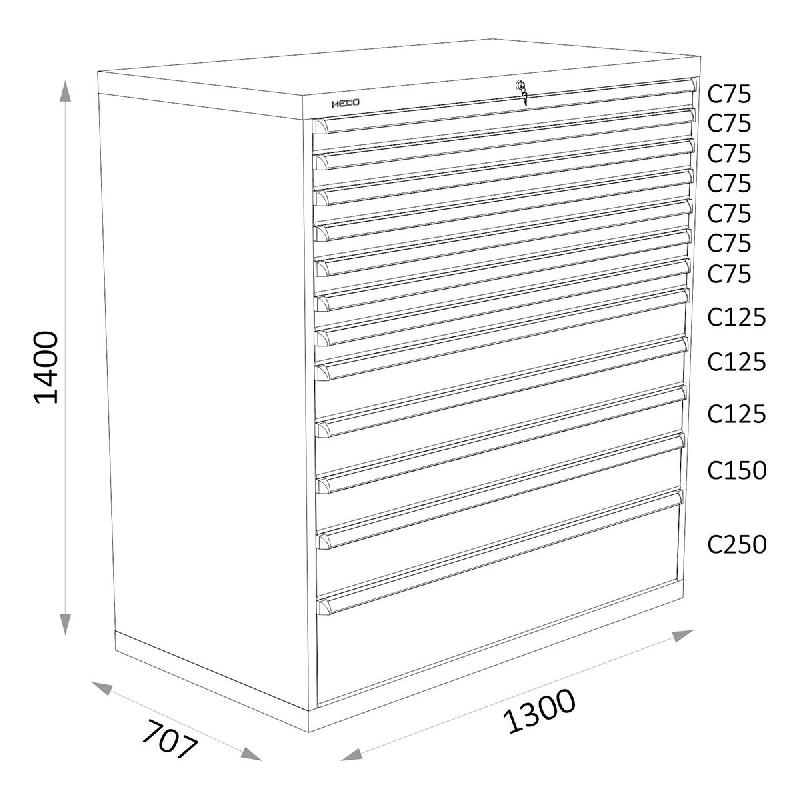 Armoires a tiroirs bleus serie 143 - Largeur 1300 mm Profondeur 707 mm Hauteur 700 / 1000 / 1300 mm Heco HE143438_0