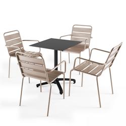 Oviala Business Ensemble table de terrasse stratifié noir et 4 fauteuils taupe - gris métal 108139_0
