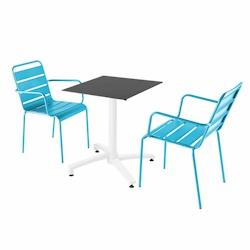 Oviala Business Ensemble table de terrasse stratifié noir et 2 fauteuils bleu - bleu métal 110763_0
