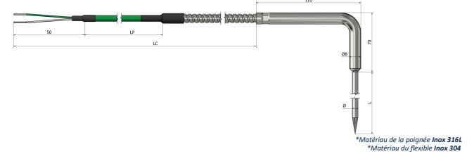 Thermocouple à piquer Sortie flexible de prolongation (angle 90°) - TP32_0