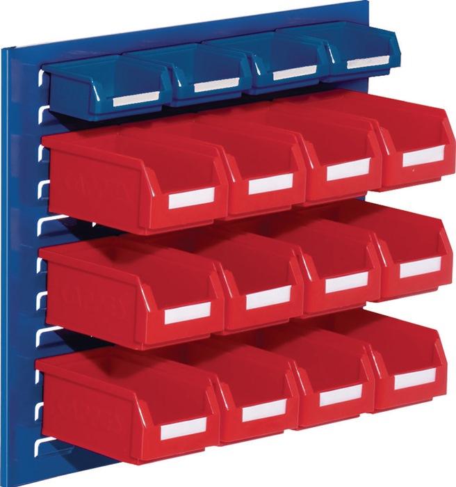 Jeu de boîtes de rangement ouvertes H450xl500xP250mm tôle d'acier/polyéthyl. Revêtement plastique bleu + rouge 12 x taille 7 rouge / 4 x taille 8 bleu RASTERPLAN_0