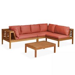 Oviala Business Salon de jardin bas d'angle 2 canapés, 1 fauteuil et une table en bois - Oviala - rouge Bois massif 109370_0