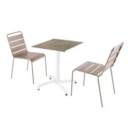 Oviala Business Ensemble table de terrasse stratifié marbre beige et 2 chaises taupe - gris métal 110648_0