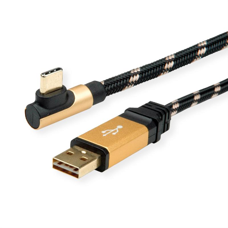 ROLINE GOLD Câble USB 2.0, USB A mâle reversible - USB C mâle, coudé à 90°, 1,8 m_0