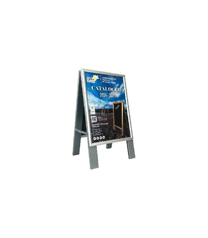 Chevalet stop trottoir bois gris avec porte affiche alu format A2 - Dimensions 78 x 45 cm - Référence : LSTFA2G_0