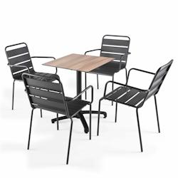 Oviala Business Ensemble table de terrasse stratifié chene foncé et 4 fauteuils gris - Oviala - gris métal 110161_0