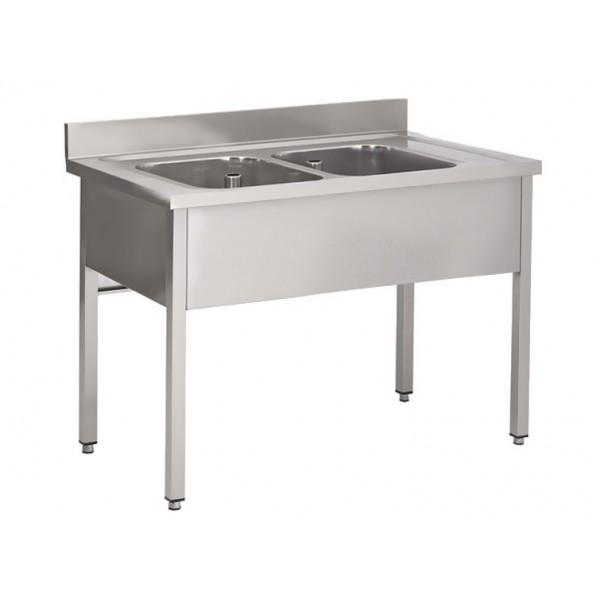 Plonge soudée sur pieds carrés sans étagère, inox ferritique, 2 bacs au centre, longueur 1400 mm_0