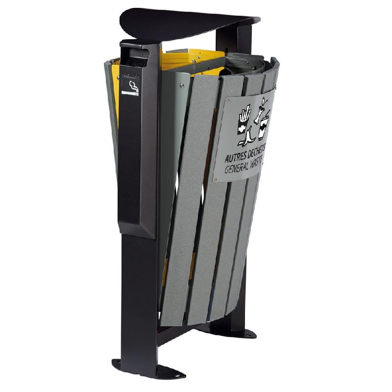 ROSSIGNOL Corbeille 2 x 60 L arkea etik avec cendrier 3l - tri divers/plastique et metal - latte recycle / gris ciment  / jaune colza_0