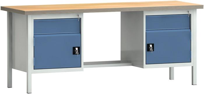 Établi PW 700 l.2000xP700xH840 mm hêtre Multiplex gris clair, RAL 7035 bleu brill., RAL 5007 2 tiroirs 2 portes KLW-LUTZ BETRIEBSEINRICHTUNGEN_0