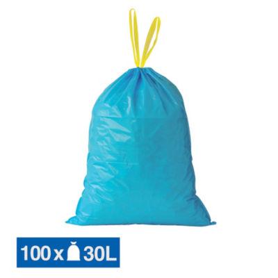 Sacs poubelle déchets lourds poignées coulissantes bleus 30 L, lot de 100_0