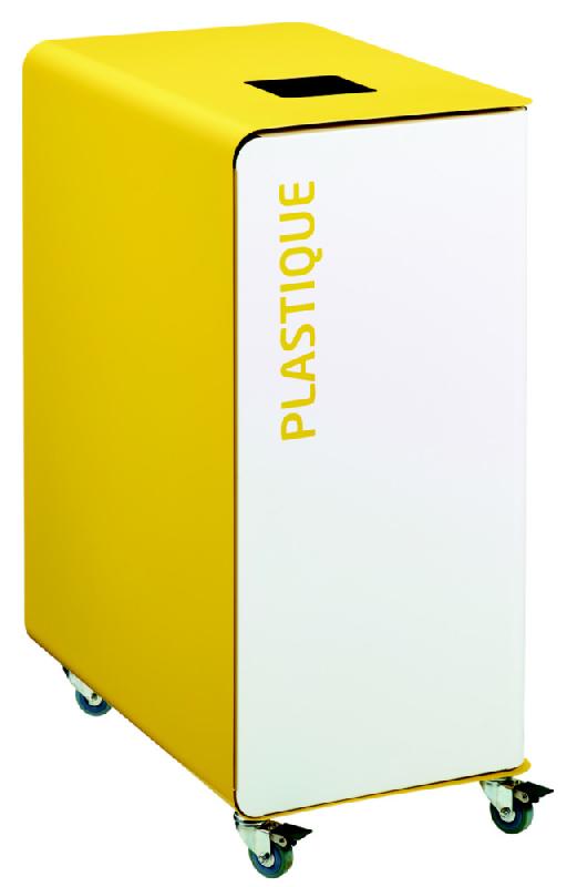 Borne de tri sélectif 90 L support-sac avec roulettes sans serrure - cubatri - tri plastique-blanc+jaune_0