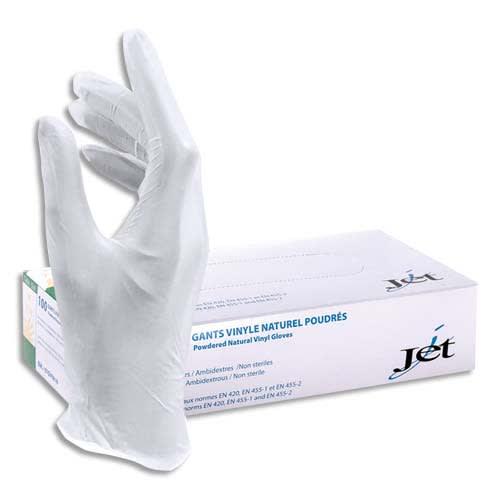Boîte distributrice de 100 gants en vinyle poudrés économique longueur 24 cm ambidextres taille 8-9_0
