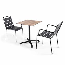 Oviala Business Ensemble table de jardin stratifié en chene fonce et 2 fauteuils gris - Oviala - gris métal 110137_0