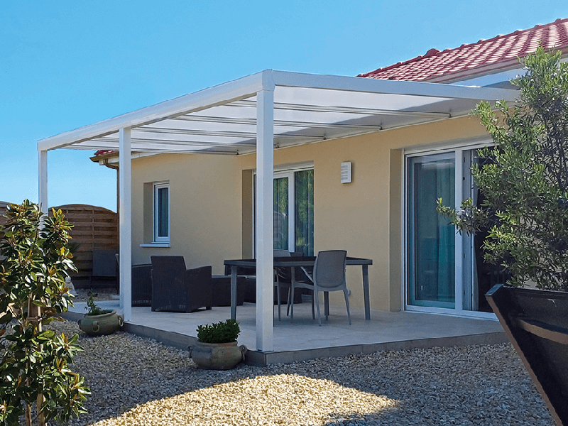 Pergola Toit Polycarbonate 32mm Aluminium CL Adossée Sur Mesure Référence: Pergola Pente Poly CL Adossée_0