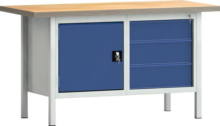 Établi PW 700 l.1500xP700xH840 mm hêtre Multiplex gris clair, RAL 7035 bleu gentiane, RAL 5010 3 tir. 1 porte KLW-LUTZ BETRIEBSEINRICHTUNGEN_0