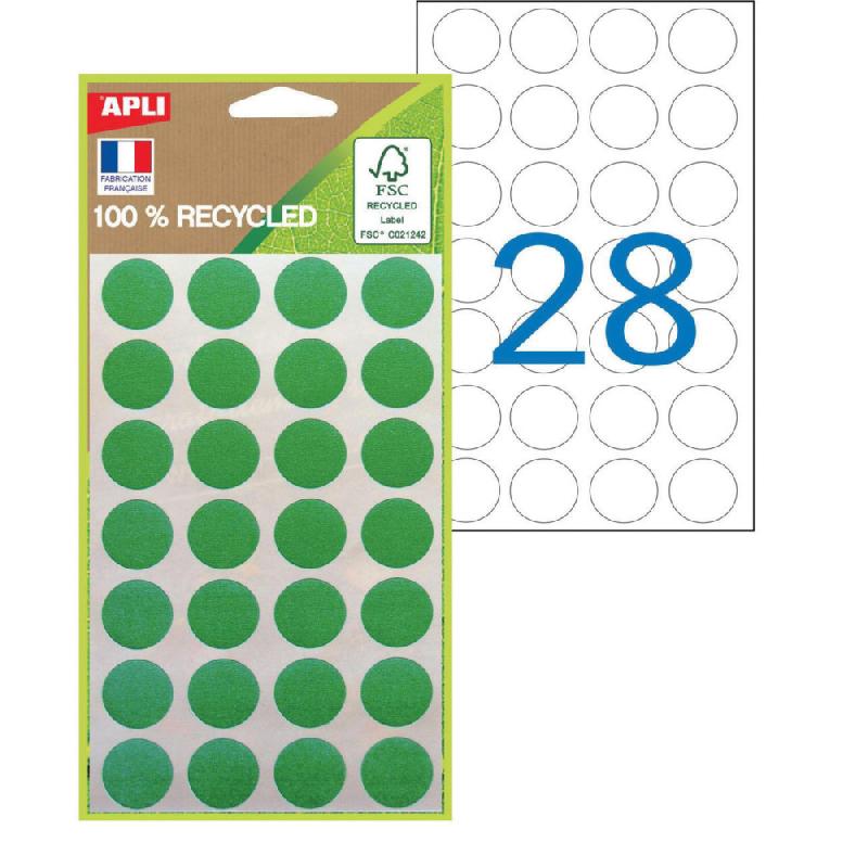 APLI Pastilles adhésives recyclées Ø 15 mm - 101782 - Pochette de 168 - Vert_0