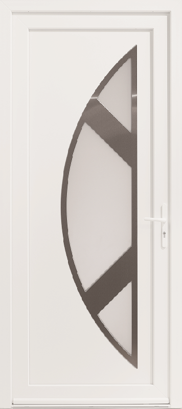 Porte d'Entrée PVC Cyclone F3 Vitrage Sablé Dépoli Demi-Lune Contour Inox Blanc, Gris ou Chêne Sur Mesure Référence: Porte PVC Cyclone_0