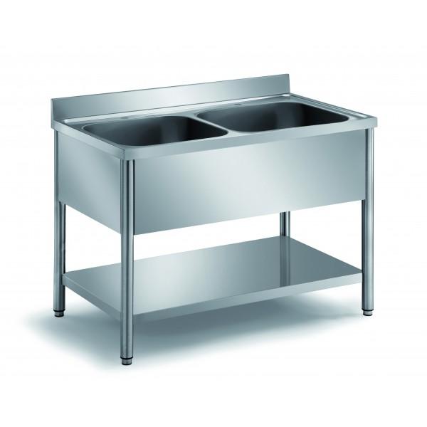 Plonge démontable sur pieds ronds avec étagère inox AISI 304 2 bacs au centre profondeur 600 mm (Longueur, mm: 1400 - Réf DRPL146-2B-ETP-1)_0