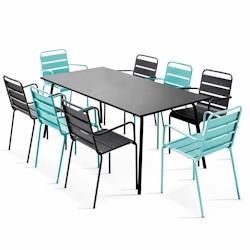 Oviala Business Ensemble table de jardin et 8 fauteuils en métal turquoise et gris - bleu acier 109276_0