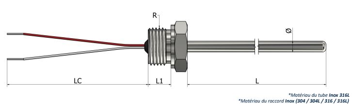 Thermistance à visser Raccord fixe avec fils libres (Type 2) - HR02_0