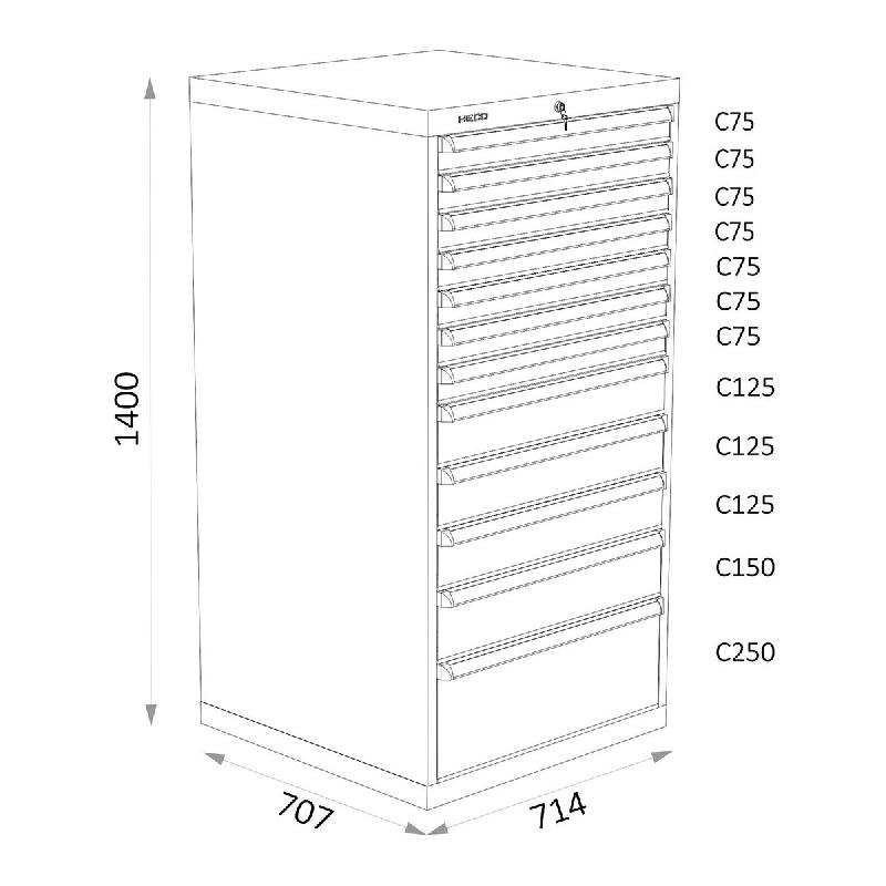 Armoires A Tiroirs Serie 115 - Largeur 714 mm Profondeur 707 mm Hauteur 700 / 1000 / 1300 mm Heco HE115438BL_0