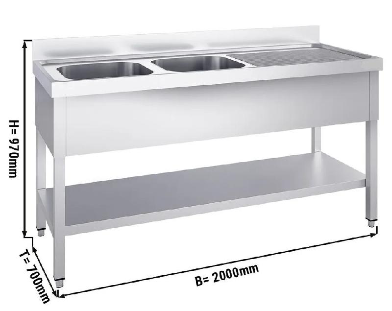 Plonge inox de 200 x 70 cm - 2 cuves à gauche_0