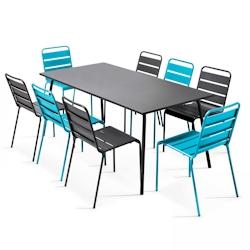 Oviala Business Ensemble table de terrasse et 8 chaises en métal gris et bleu - bleu acier 106899_0