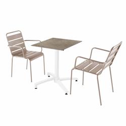 Oviala Business Ensemble table terrasse stratifié marbre beige et 2 fauteuils taupe - gris métal 110722_0